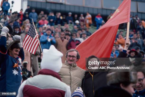 Sarajevo, Bosnia-Herzegovina Fans in the stands at the opening ceremonies at the 1984 Winter Olympics / XIV Olympic Winter Games, Kosevo Stadium.