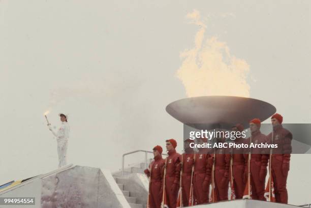 Sarajevo, Bosnia-Herzegovina Lighting Olympic flame, Opening ceremonies at the 1984 Winter Olympics / XIV Olympic Winter Games, Kosevo Stadium.