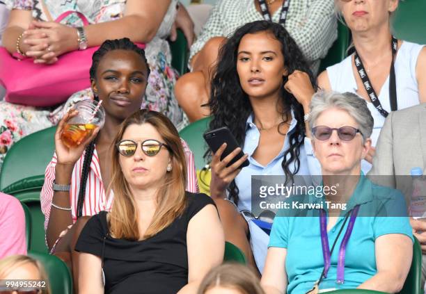 Leomie Anderson and Maya Jama attend day seven of the Wimbledon Tennis Championships at the All England Lawn Tennis and Croquet Club on July 9, 2018...
