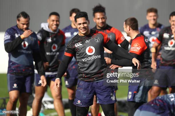 Roger Tuivasa-Sheck of the Warriors during a New Zealand Warriors NRL training session at Mount Smart Stadium on July 10, 2018 in Auckland, New...