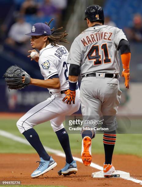 Chris Archer of the Tampa Bay Rays looks to the infield after putting out Victor Martinez of the Detroit Tigers in the first inning of a baseball...