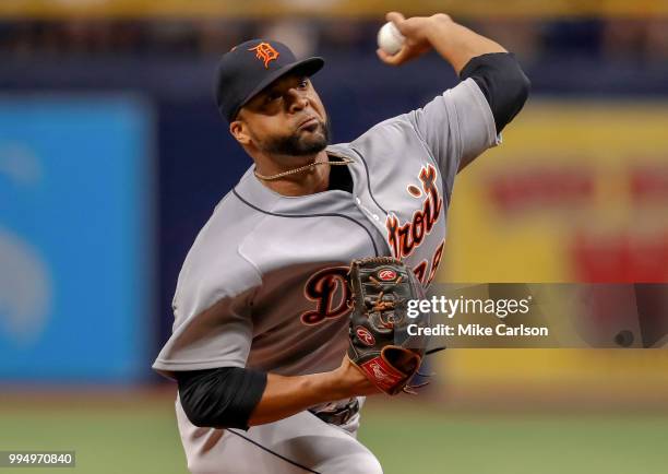 Francisco Liriano of the Detroit Tigers throws in the first inning of a baseball game against the Tampa Bay Rays at Tropicana Field on July 9, 2018...