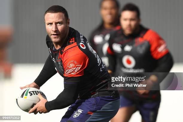 Blake Green of the Warriors looks to pass during a New Zealand Warriors NRL training session at Mount Smart Stadium on July 10, 2018 in Auckland, New...