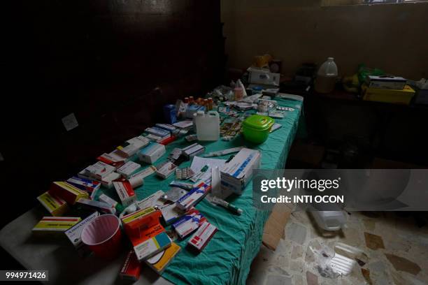 Medicines for those in need are seen on a table at the San Sebastian Basilica in Diriamba, Nicaragua, on July 9, 2018 after a invasion by...