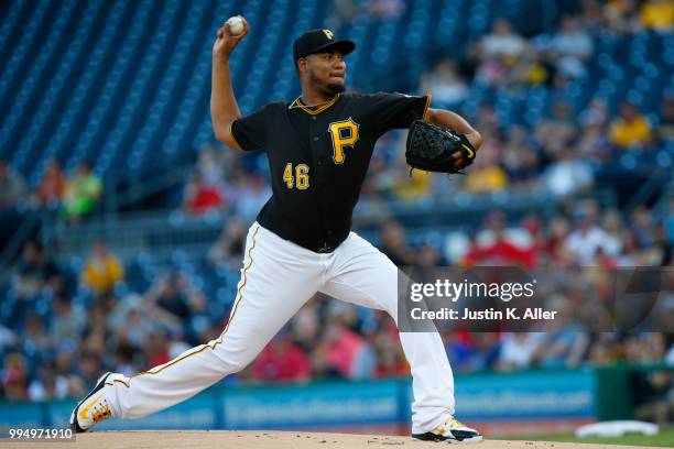 Ivan Nova of the Pittsburgh Pirates pitches in the first inning against the Washington Nationals at PNC Park on July 9, 2018 in Pittsburgh,...