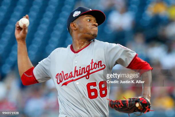 Jefry Rodriguez of the Washington Nationals pitches in the first inning against the Pittsburgh Pirates at PNC Park on July 9, 2018 in Pittsburgh,...