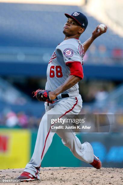 Jefry Rodriguez of the Washington Nationals pitches in the third inning against the Pittsburgh Pirates at PNC Park on July 9, 2018 in Pittsburgh,...