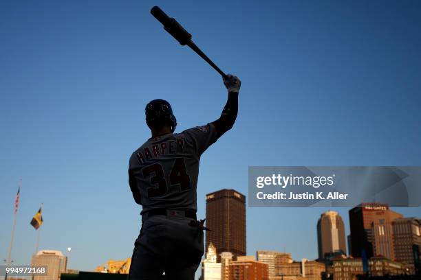 Bryce Harper of the Washington Nationals warms up on deck against the Pittsburgh Pirates at PNC Park on July 9, 2018 in Pittsburgh, Pennsylvania.