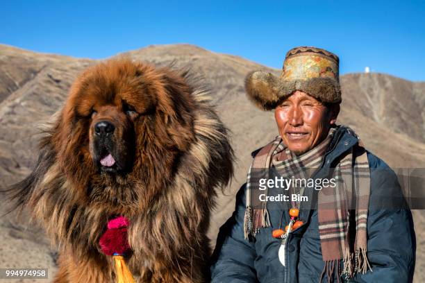 pastor tibetano con su perro mastín - tibetano fotografías e imágenes de stock