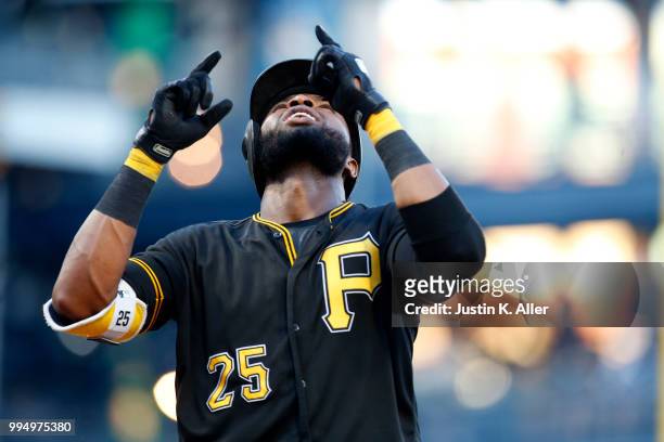 Gregory Polanco of the Pittsburgh Pirates reacts after hitting a two run home run in the second inning against the Washington Nationals at PNC Park...
