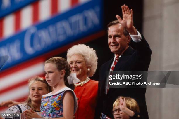 First Lady Barbara Bush, President George HW Bush at the 1992 Republican National Convention, the Astrodome in Houston, Texas, August 1992.