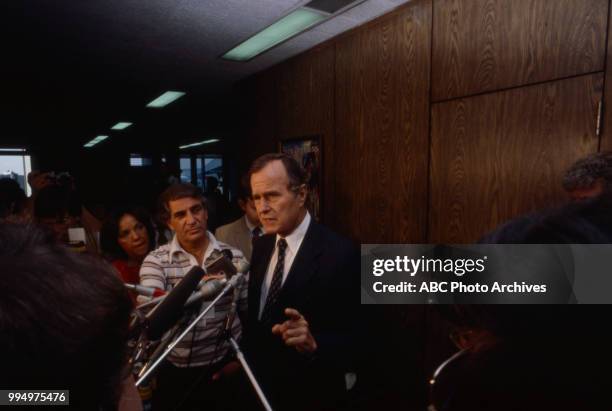 George HW Bush speaks with reporters during the 1980 campaign.