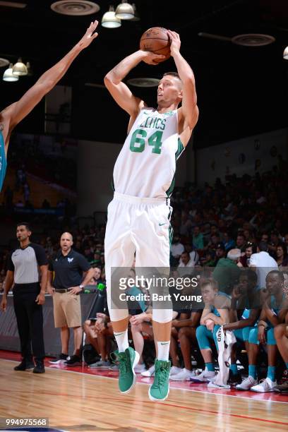 Jarrod Uthoff of the Boston Celtics shoots the ball against the Charlotte Hornets during the 2018 Las Vegas Summer League on July 9, 2018 at the Cox...