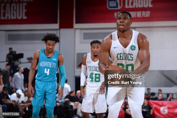 Guerschon Yabusele of the Boston Celtics shoots a free throw against the Charlotte Hornets during the 2018 Las Vegas Summer League on July 9, 2018 at...