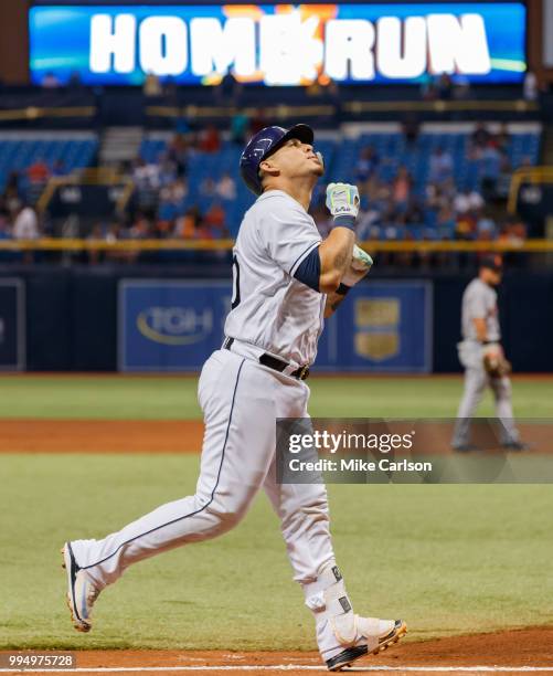 Wilson Ramos of the Tampa Bay Rays celebrates a home run in the third inning of a baseball game against the Detroit Tigers at Tropicana Field on July...