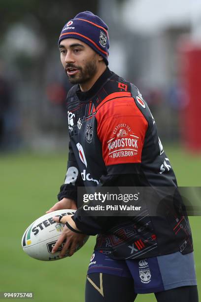 Shaun Johnson of the Warriors during a New Zealand Warriors NRL training session at Mount Smart Stadium on July 10, 2018 in Auckland, New Zealand.