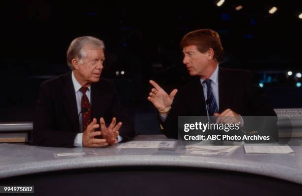 Former President Jimmy Carter, Ted Koppel at the 1988 Democratic National Convention, The Omni in Atlanta, Georgia, July 1988.