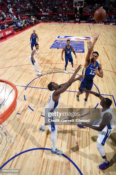 Jeff Roberson of the Golden State Warriors shoots the ball against the Dallas Mavericks during the 2018 Las Vegas Summer League on July 9, 2018 at...