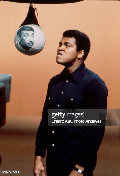 Muhammad Ali and punching bag with picture of Howard Cosell on it.