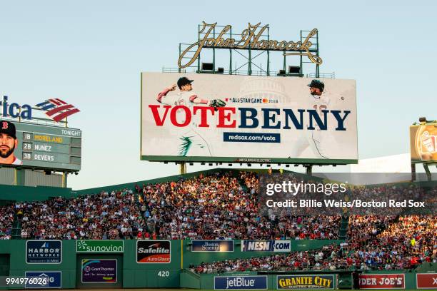 The scoreboard prompts fans to vote for Andrew Benintendi of the Boston Red Sox to the All-Star game during the third inning of a game against the...