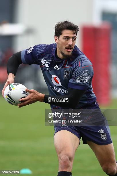 Anthony Gelling of the Warriors passes during a New Zealand Warriors NRL training session at Mount Smart Stadium on July 10, 2018 in Auckland, New...