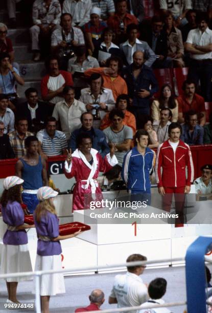 Montreal, Canada Sugar Ray Leonard, medal ceremony at the 1976 Summer Olympics, Montreal, Canada.
