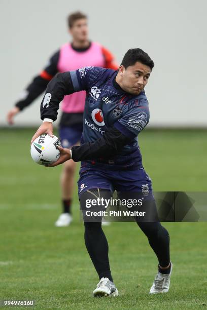 Mason Lino of the Warriors passes during a New Zealand Warriors NRL training session at Mount Smart Stadium on July 10, 2018 in Auckland, New Zealand.