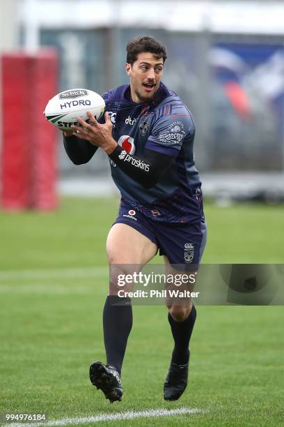 Anthony Gelling of the Warriors passes during a New Zealand Warriors NRL training session at Mount Smart Stadium on July 10, 2018 in Auckland, New...