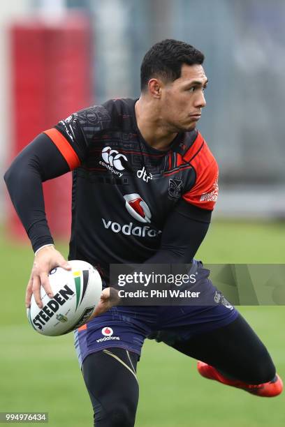 Roger Tuivasa-Sheck of the Warriors during a New Zealand Warriors NRL training session at Mount Smart Stadium on July 10, 2018 in Auckland, New...