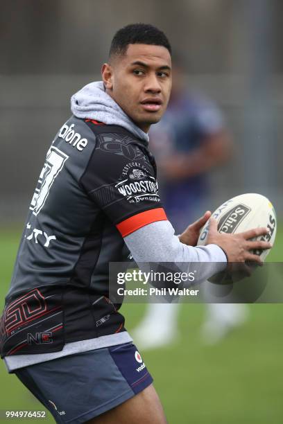 David Fusitu'a of the Warriors during a New Zealand Warriors NRL training session at Mount Smart Stadium on July 10, 2018 in Auckland, New Zealand.