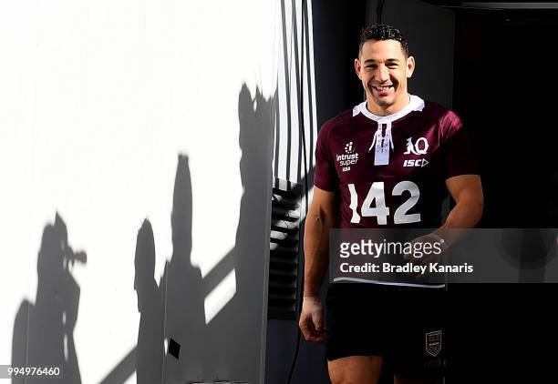 Billy Slater leads the team onto the field during the Queensland Maroons State of Origin Captain's Run at Suncorp Stadium on July 10, 2018 in...