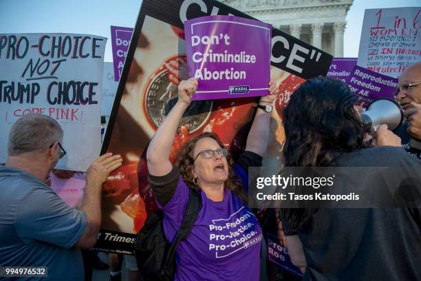 Pro-choice and anti-abortion protesters demonstrate in front of the U.S. Supreme Court on July 9, 2018 in Washington, DC. President Donald Trump is...