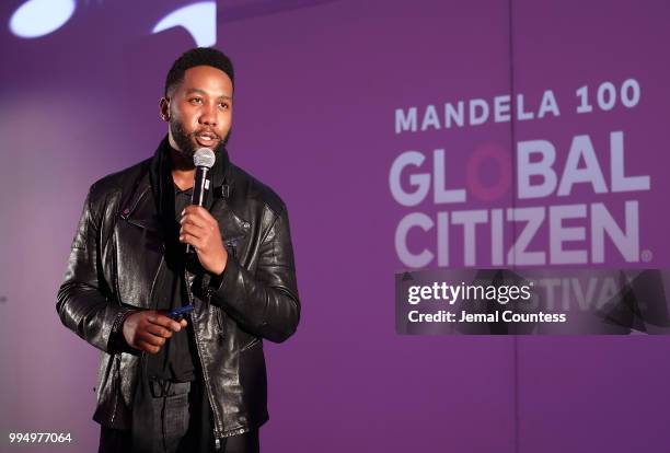 Ndaba Mandela speaks during the Global Citizen Festival: Mandela 100 Launch Event at the Circa Gallery on July 9, 2018 in Johannesburg, South Africa.