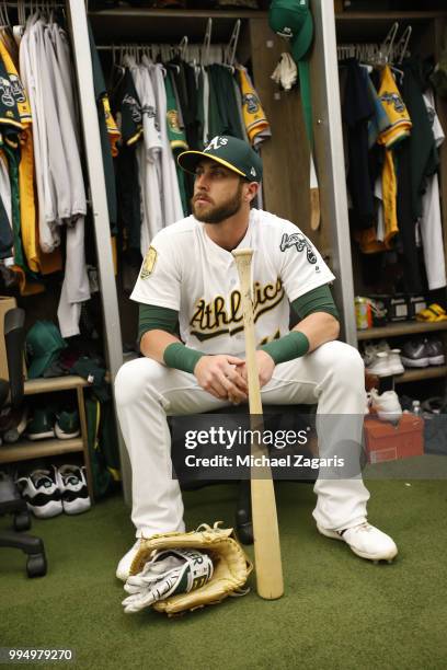 Dustin Fowler of the Oakland Athletics sits in the clubhouse prior to the game against the Houston Astros at the Oakland Alameda Coliseum on June 13,...