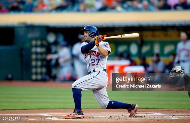 Jose Altuve of the Houston Astros bats during the game against the Oakland Athletics at the Oakland Alameda Coliseum on June 13, 2018 in Oakland,...