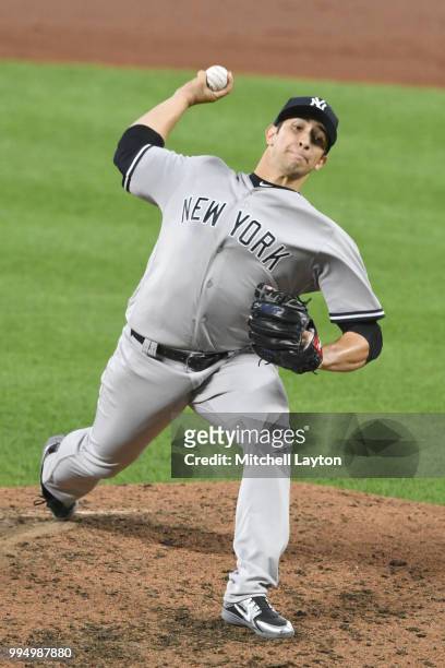 Luis Cessa of the New York Yankees pitches in the forth inning during a game two of a doubleheader baseball game against the Baltimore Orioles at...