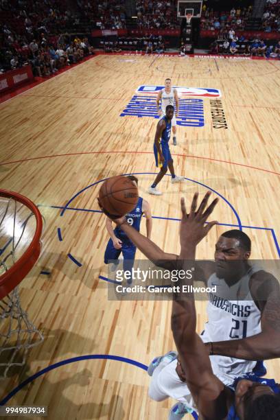 Jalen Jones of the Dallas Mavericks shoots the ball against the Golden State Warriors during the 2018 Las Vegas Summer League on July 9, 2018 at the...