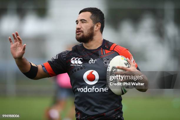 Peta Hiku of the Warriors during a New Zealand Warriors NRL training session at Mount Smart Stadium on July 10, 2018 in Auckland, New Zealand.