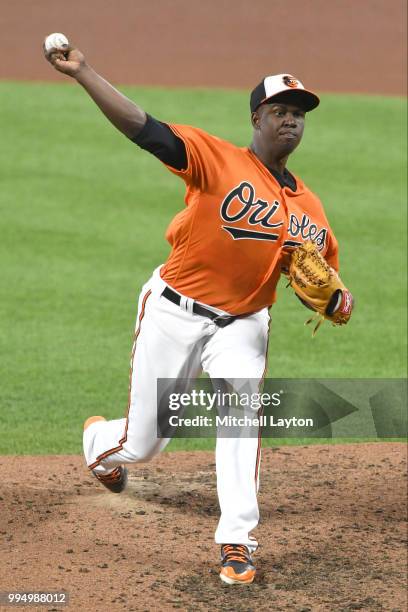 Yefry Ramirez of the Baltimore Orioles pitches in the forth inning during a game two of a doubleheader baseball game against the New York Yankees at...