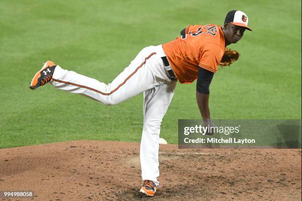 Yefry Ramirez of the Baltimore Orioles pitches in the forth inning during a game two of a doubleheader baseball game against the New York Yankees at...