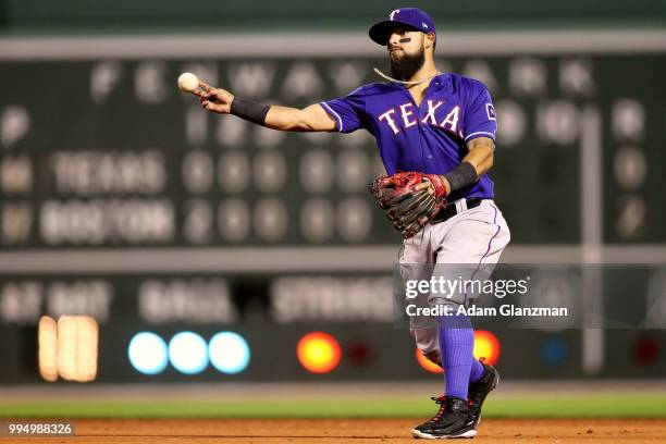 Rougned Odor of the Texas Rangers throws to first base in the sixth inning of a game against the Boston Red Sox at Fenway Park on July 9, 2018 in...