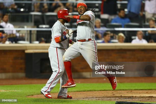 Maikel Franco of the Philadelphia Phillies scores on a three-run double off the bat of Aaron Nola in the fifth inning against the New York Mets...