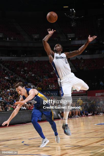 Jalen Jones of the Dallas Mavericks shoots the ball against the Golden State Warriors during the 2018 Las Vegas Summer League on July 9, 2018 at the...