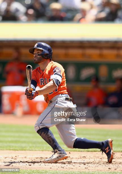 Jose Altuve of the Houston Astros bats against the Oakland Athletics at Oakland Alameda Coliseum on May 9, 2018 in Oakland, California.
