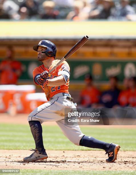 Jose Altuve of the Houston Astros bats against the Oakland Athletics at Oakland Alameda Coliseum on May 9, 2018 in Oakland, California.