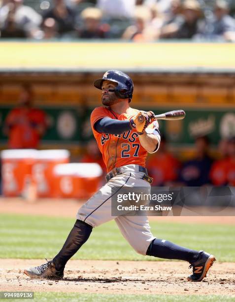 Jose Altuve of the Houston Astros bats against the Oakland Athletics at Oakland Alameda Coliseum on May 9, 2018 in Oakland, California.