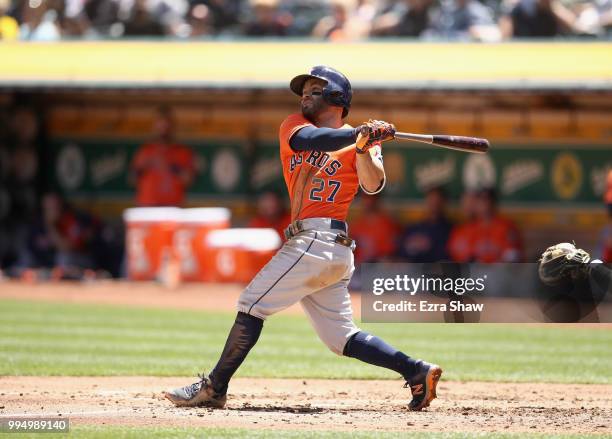 Jose Altuve of the Houston Astros bats against the Oakland Athletics at Oakland Alameda Coliseum on May 9, 2018 in Oakland, California.
