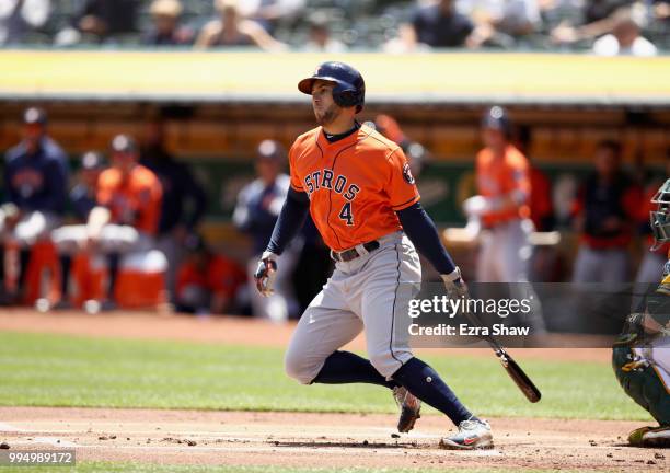 George Springer of the Houston Astros bats against the Oakland Athletics at Oakland Alameda Coliseum on May 9, 2018 in Oakland, California.