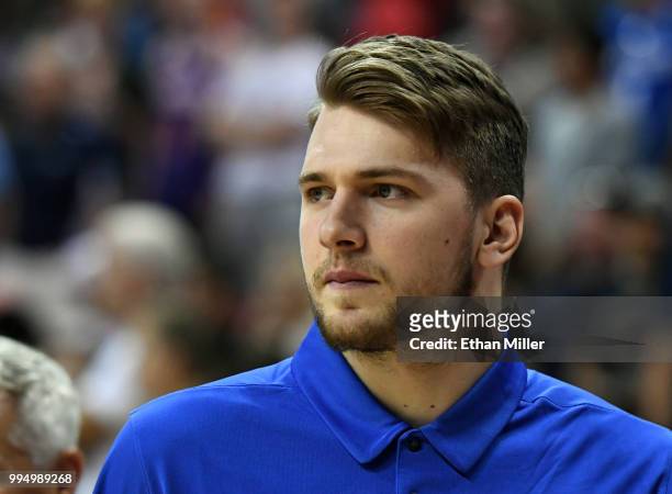Luka Doncic of the Dallas Mavericks walks on the court after a 2018 NBA Summer League game against the Golden State Warriors at the Thomas & Mack...