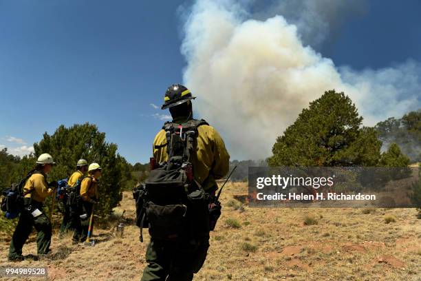 Firefighters from left to right Carmella Locascio, Spencer Heidepriem, Lydia Zowada and Scott Affeldt, middle, conduct a burnout operation to protect...